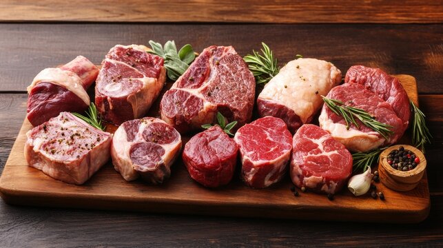 Variety of raw meat cuts, arranged in a visually appealing manner, showcasing the different cuts and textures, set on a wooden cutting board. 32k Resolution