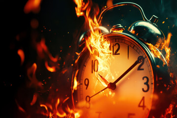 "A traditional alarm clock burning, its glass shattering and numbers disintegrating.
