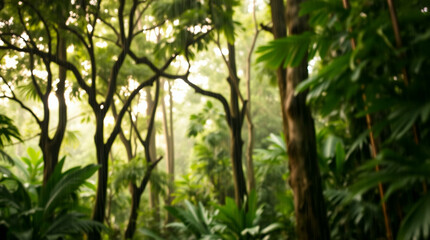 Abstract blur of a lush green forest with sun rays filtering through the trees, creating a peaceful, natural atmosphere.