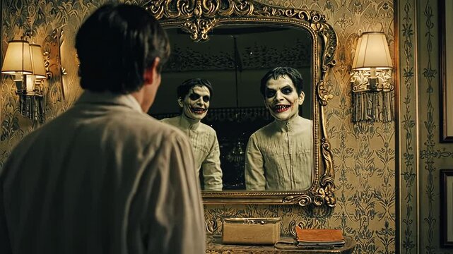 A man is standing in front of a mirror with a clown mask on his face