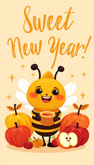 Greeting card for Rosh Hashanah featuring a cheerful bee with apples, in warm autumn colors