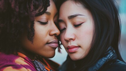 Obraz premium Close-up of african and asian women embracing with eyes closed, displaying intimacy and connection