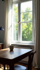 Fototapeta premium Dark wood table, white curtain, bright window view, shadow, white, visual