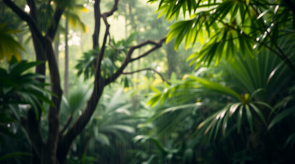 Fototapeta premium Abstract blur of a lush green forest with sun rays filtering through the trees, creating a peaceful, natural atmosphere.
