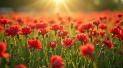 Naklejka premium A field of red carnations swaying gently in the breeze, bathed in warm sunlight