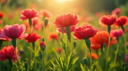 Fototapeta premium A field of red carnations swaying gently in the breeze, bathed in warm sunlight
