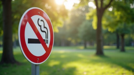 A "No Smoking" sign attached to a pole in an outdoor park, surrounded by greenery and trees