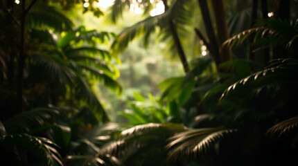 Obraz premium Abstract blur of a lush green forest with sun rays filtering through the trees, creating a peaceful, natural atmosphere.