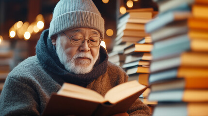 Elderly man with glasses reading a book surrounded by tall stacks of books in a warm ambient setting