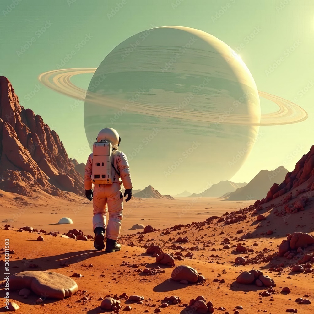Poster a man in a space suit is standing in a desert
