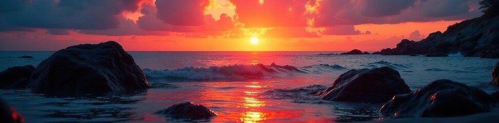 Fototapeta premium Fiery sunset backdrop to dark wet rocks in water , sea, clouds, coast