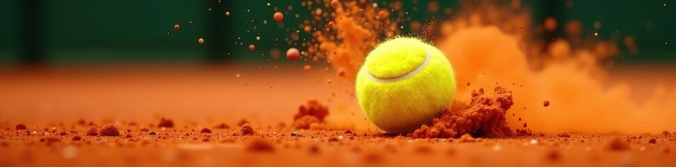 Fast-moving tennis ball, clay court dust explosion, earth, detail