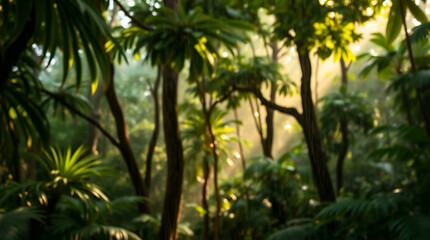 Abstract blur of a lush green forest with sun rays filtering through the trees, creating a peaceful, natural atmosphere.