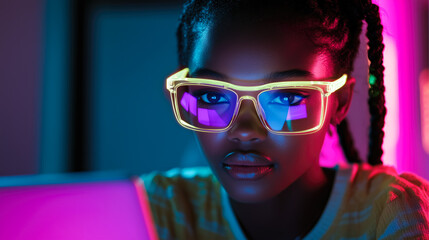 A student woman learns online with futuristic technology. The concept of education, innovation, and digital learning. Generative AI.