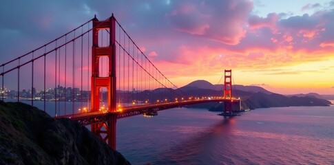 Fototapeta premium Dramatic Golden Gate Bridge frame, city rising, bridge, skyline, urban