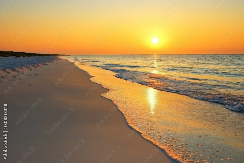 Poster empty beach at sunset showcasing a serene stretch of sand and calm waves under a vibrant sky generat