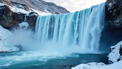 Frozen waterfall, cascading water petrified in mid-air, awe-inspiring, ice, wild