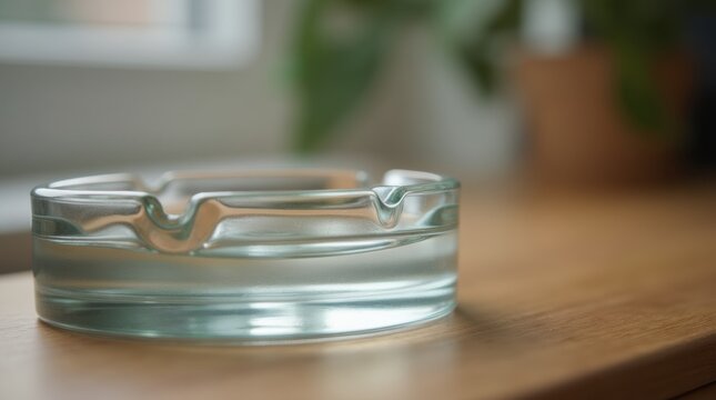 Close-up of an empty glass ashtray on a wooden table