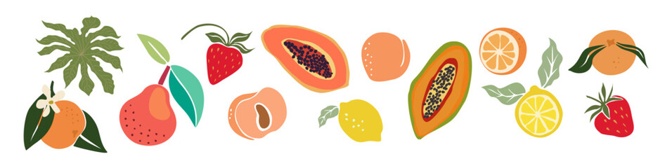 Hand drawn abstract fruits set. Collection of whole and cut lemon, orange, papaya, strawberry, peach, pear juicy fruits with leaves and flowers. Vector illustrations isolated 