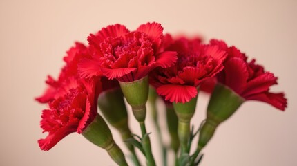 Close-up of red carnations in full bloom, vibrant petals and green stems