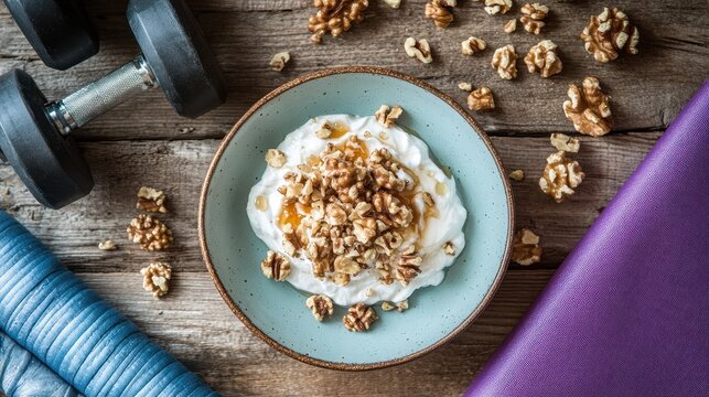 Healthy Greek Yogurt with Walnuts and Honey on a Rustic Wooden Table with Fitness Equipment Nearby