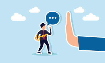 Businessman holds a key while talking to a hand as if stopping something, illustration of a protest against business decisions and offering business solutions