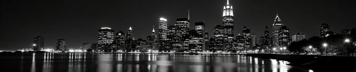Dramatic black & white photo, Boston's financial district at night, photography, contrast, view