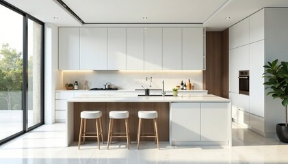 Elegant white marble kitchen, ample copy space, food, modern