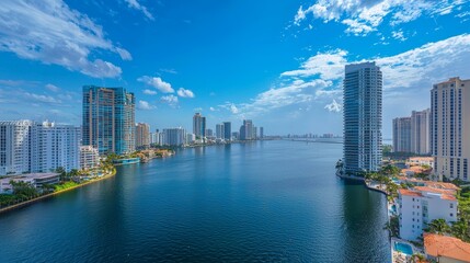 Naklejka premium A stunning waterfront view of modern skyscrapers lining a serene bay under a bright blue sky with scattered clouds.