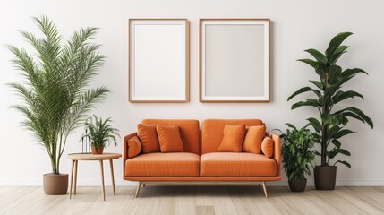 Cozy living room featuring a comfortable couch and a beautiful green plant in a stylish and inviting atmosphere