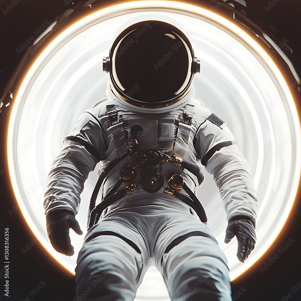 Wall mural a solitary astronaut floats in a cosmic portal, illuminated by a circular light, creating a sense of
