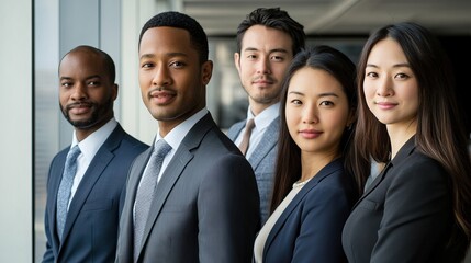 Fototapeta premium Multiethnic professionals in formal attire, exuding confidence and teamwork in a modern office setting. 