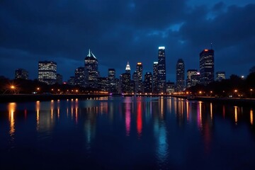Obraz premium Dramatic nocturnal panorama, Boston's glittering skyline , illuminated, view, water