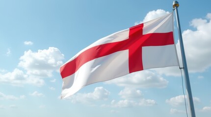 St. George ribbon gently fluttering in the wind, attached to a pole, with a blue sky and clouds in the background, symbol of victory and patriotism, outdoor setting