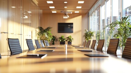A modern conference room featuring a long wooden table, ergonomic chairs, large windows, and plants, creating a bright and inviting workspace.
