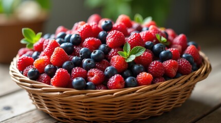 Wicker basket overflowing with mixed berries, vibrant colors