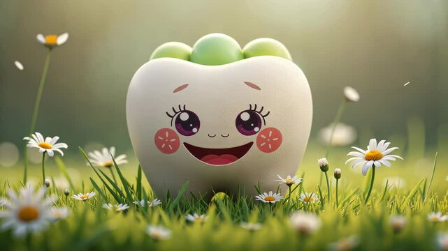  Happy Cartoon Tooth Character Among Daisies in a Sunlit Meadow