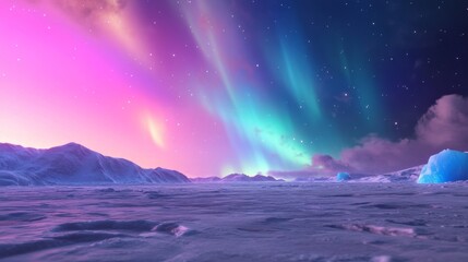 Naklejka premium Aurora borealis over icy landscape at dawn