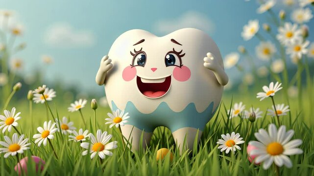  Playful Tooth Mascot Winking and Smiling in a Field of Daisies