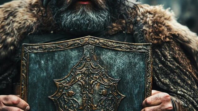 Weathered Viking Warrior Holding Shield, Poised for Combat