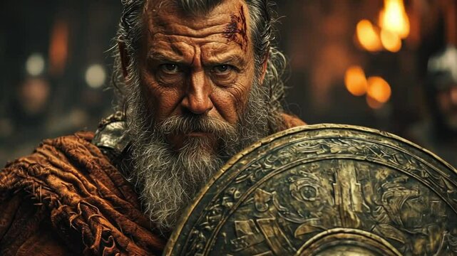 Battle-Hardened Viking Warrior Stands Ready with Shield of Experience