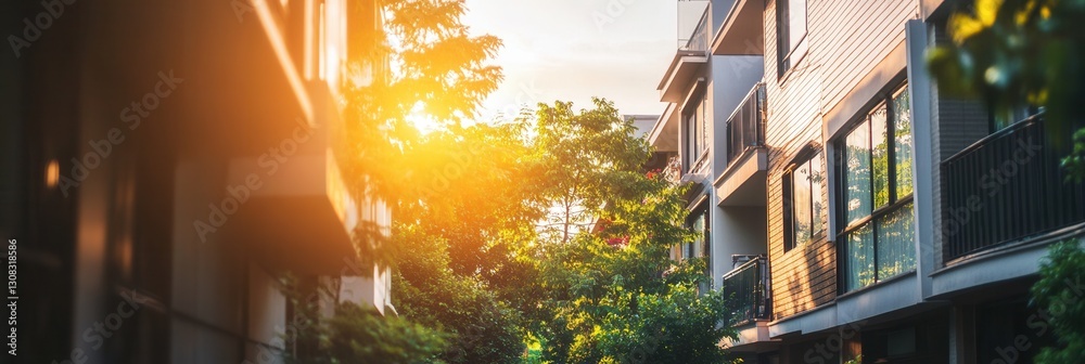 Leinwandbilder sunlight filters through buildings in a serene alleyway during late afternoon in a residential area 