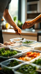 Hands Preparing Fresh Ingredients for Healthy Meal Prep in Modern Kitchen with Colorful Vegetables and Proteins