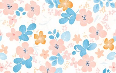 
Abstract seamless pattern with tropical leaves and flowers in pink, turquoise blue, and orange colors. Colorful summer background for textile design or wallpaper. Vector illustration. Flat lay. 2/3 s