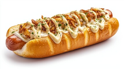 Delicious Hot Dog Delight A Close-Up of a Gourmet Frankfurter with Crispy Fried Onions, Creamy Sauce, and Fresh Parsley Sprinkles on a Soft, Fluffy Bun, Perfect for Food Photography, Recipe
