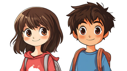 Cute cartoon anime-style illustration of a boy and girl wearing casual outfits with backpacks isolated on white background.