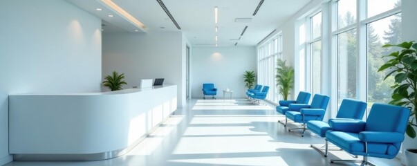 Modern white reception desk, blue chairs in hospital lobby, medical center, room
