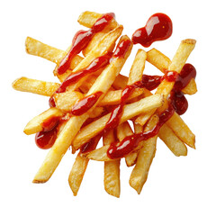 Crispy golden French fries with ketchup drizzle isolated on white background ready for delicious snack or meal presentation