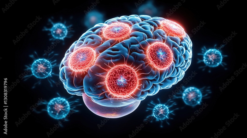 Poster detailed illustration of a brain with numerous cells signifying complexity and functionality of mind