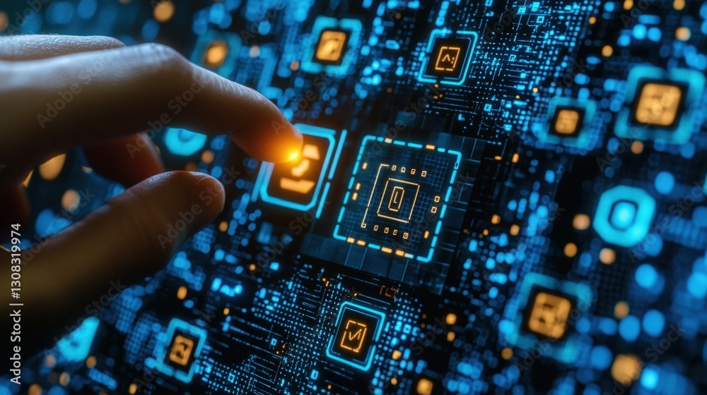 Poster a person intently touching a button on a computer interface with focused expression and technology